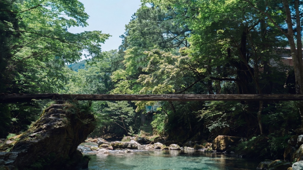 緑の森と渓流にかかる橋の風景